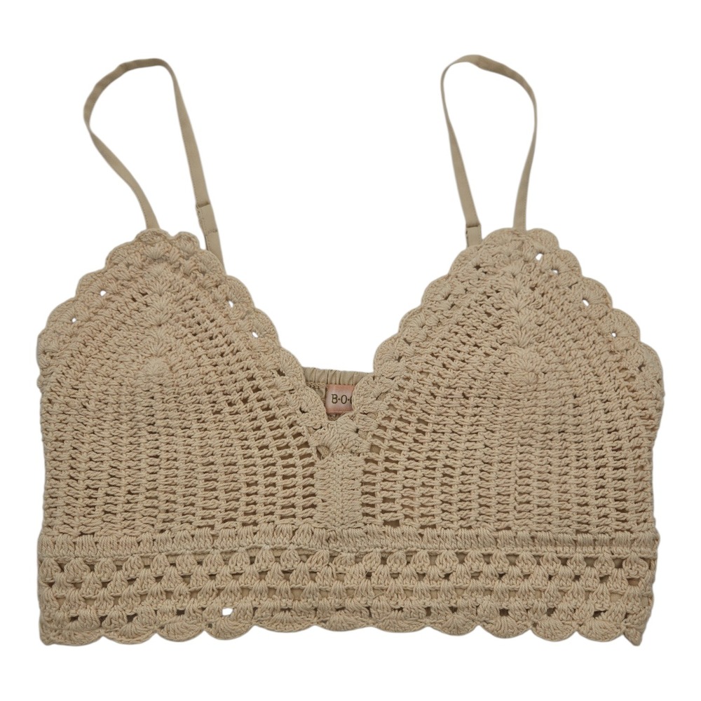 BOG Collection‎ Crochet Crop Top Tan Smocked Back Adjustable Straps S Festival